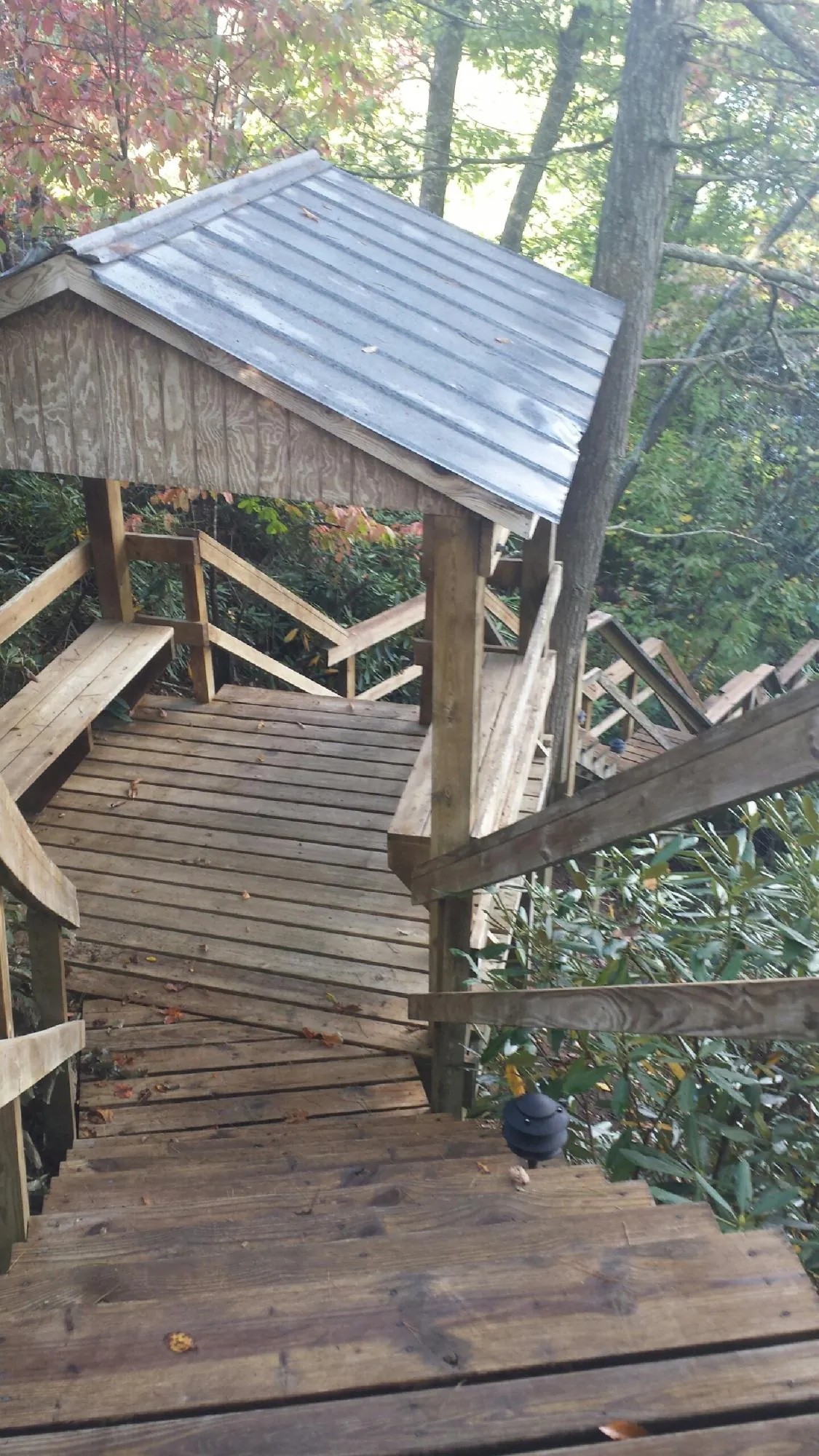 Metal roofed shelter over wooden steps on a wooded walkway — Skylight Repair & Installation work by our crew in Weedsport